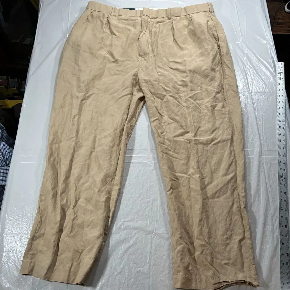 Vintage 90s Polo Ralph Lauren Linen Silk Pleated Trousers Tan Pant 42x30 (42x29)